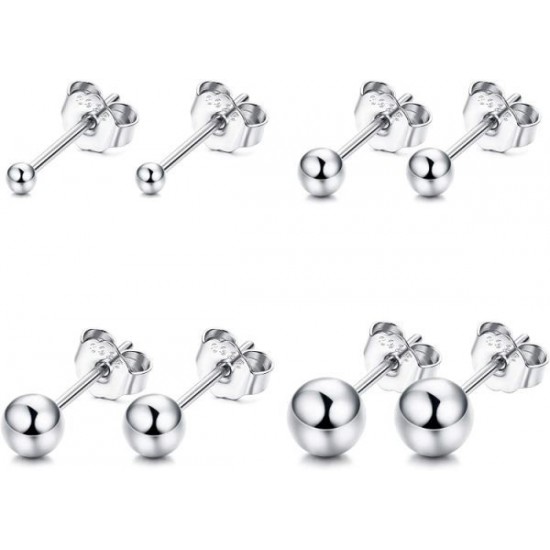 4 Pairs 925 Earrings For Women Girls Round Ball Small Stud Earrings Set 2; 3; 4; 5 Mm